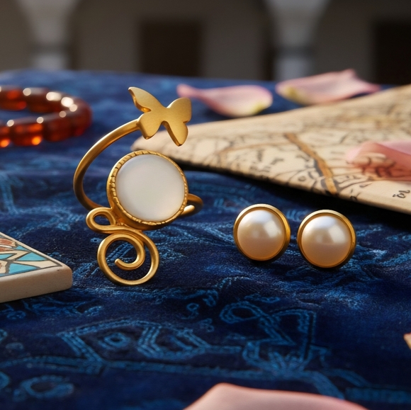 🆕️Turkish Artisan 24K Gold Plated & Pearl Ring + Earrings Set 🌟 Adjustable - Picture 8 of 13